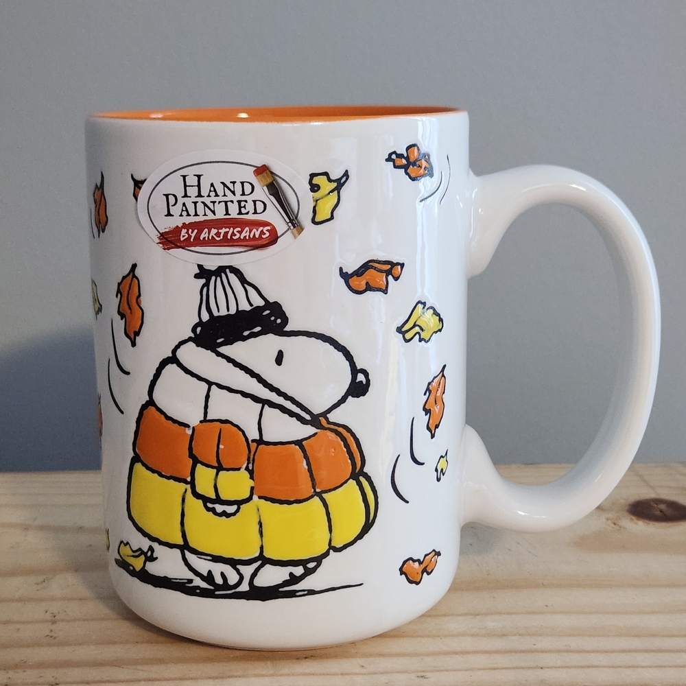 Snoopy With Candy Corn Puffer Jacket Fall Autumn Leaves Ceramic Mug NWT